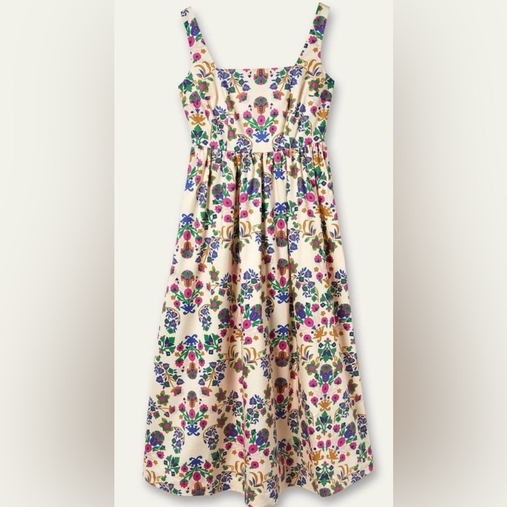 Boden Cream Floral Midi Dress with Pink, Purple and Green Blooms - Picture 2 of 7